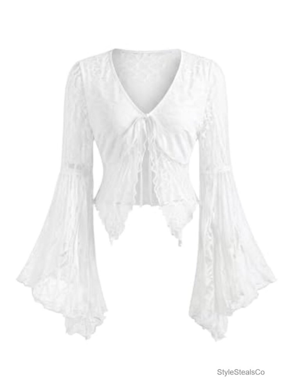 Lace Tie Front Bell Long Sleeve Sheer Blouse Crop Top